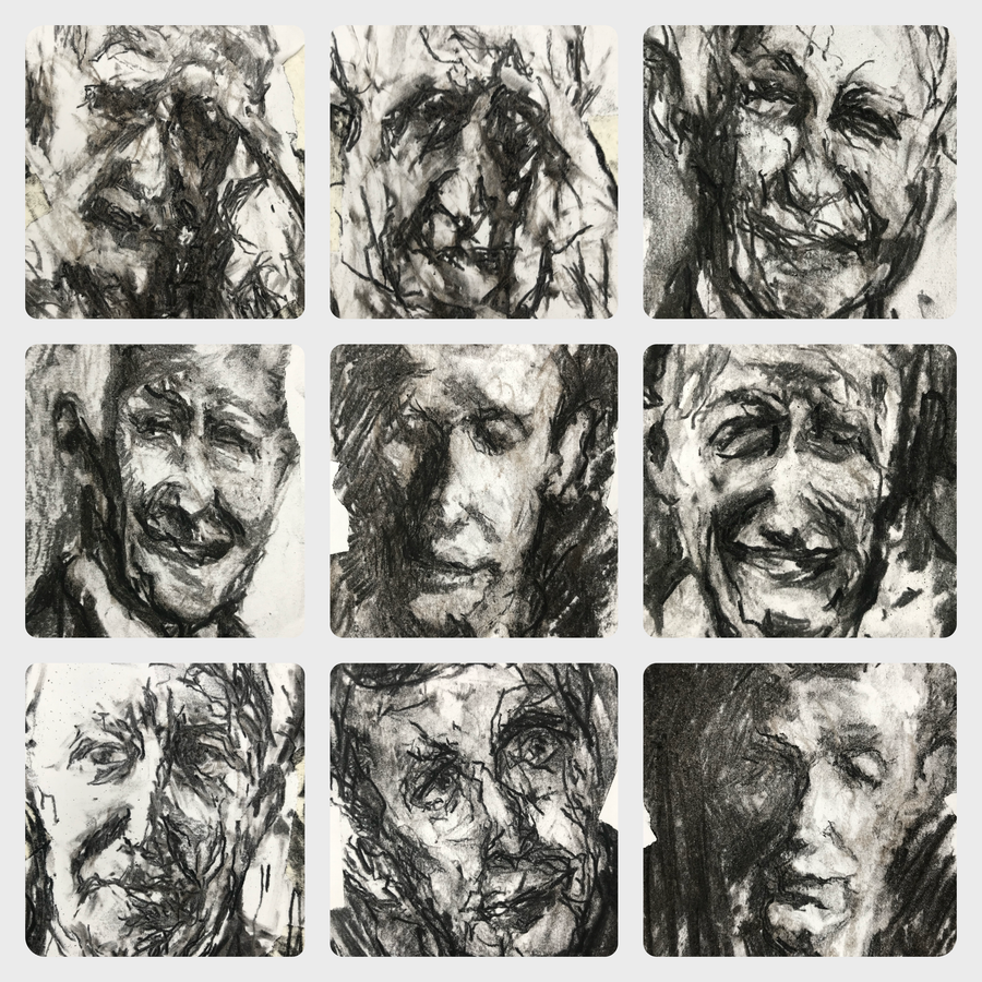 Collage drawing of D. (with studies)