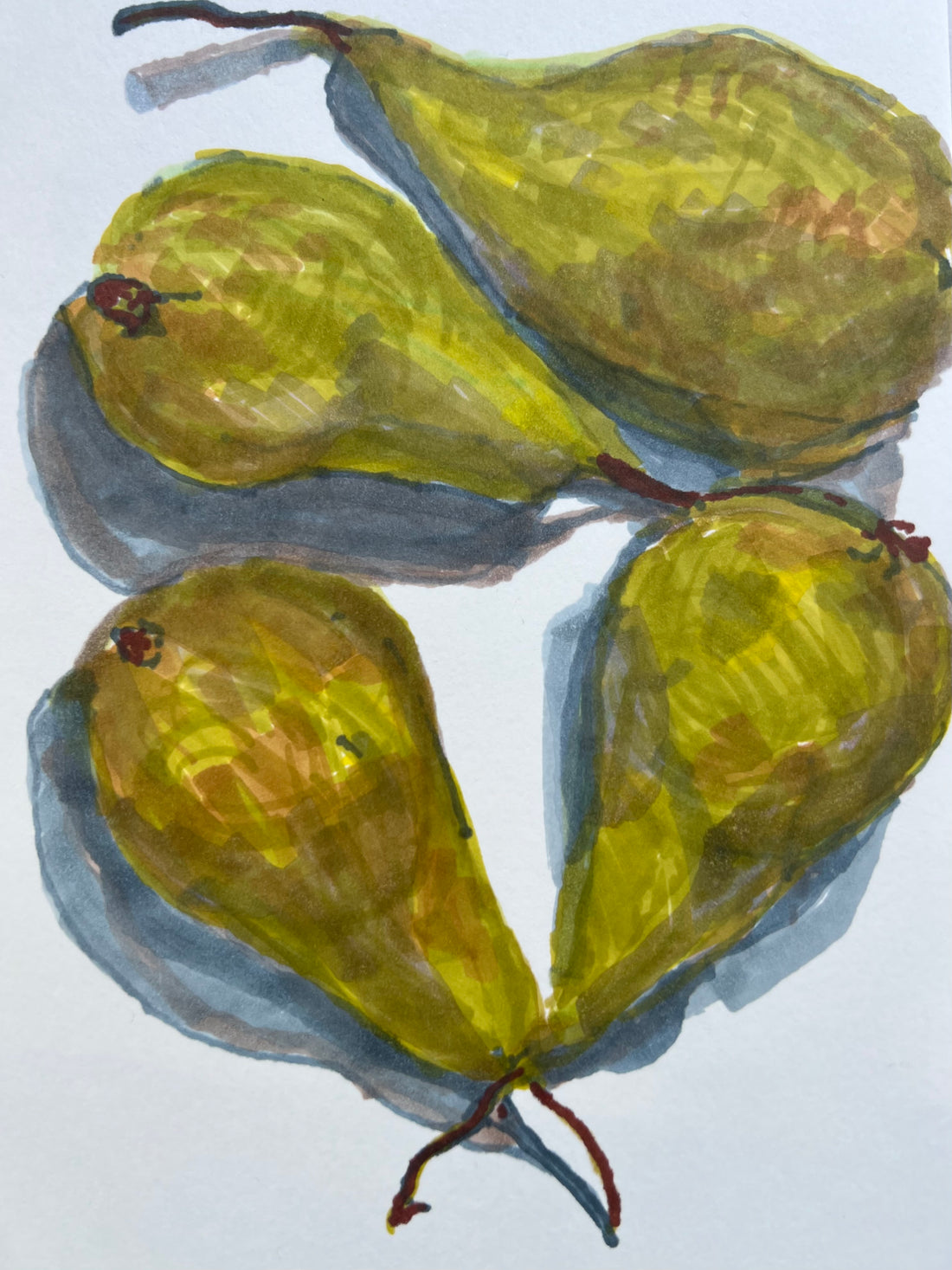 Four green pears on a light blue background