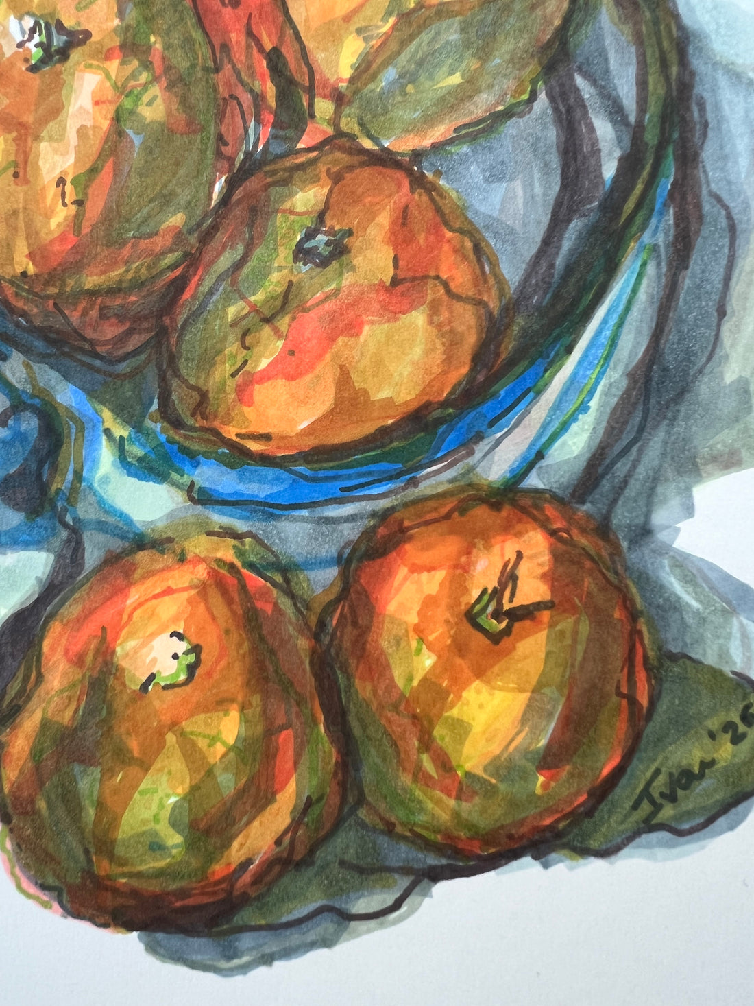 Artistic depiction of Seville oranges with a bold marks and texture using marker pens.