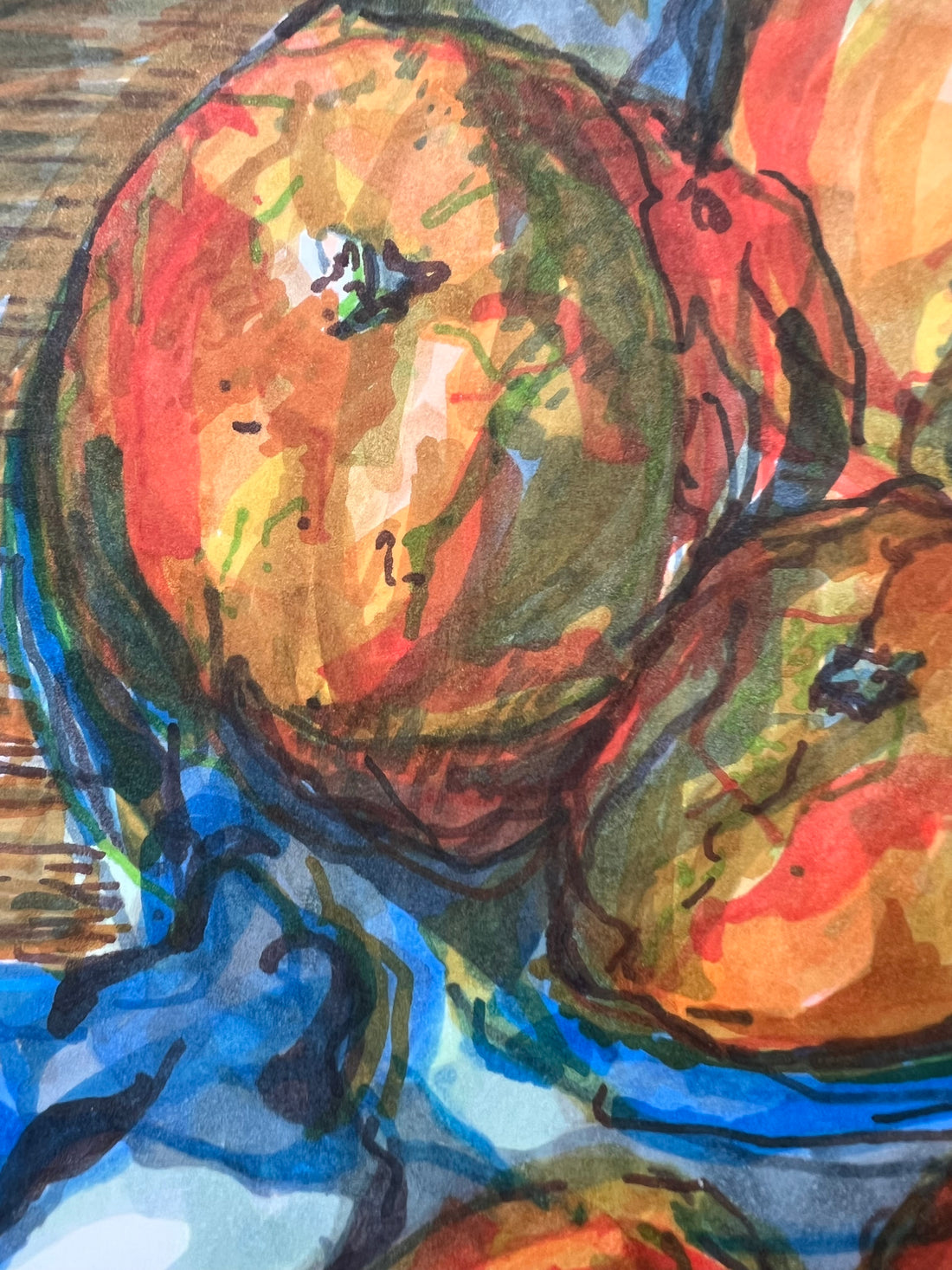 Artistic depiction of Seville oranges with a focus on color and texture, drawn with marker pen.