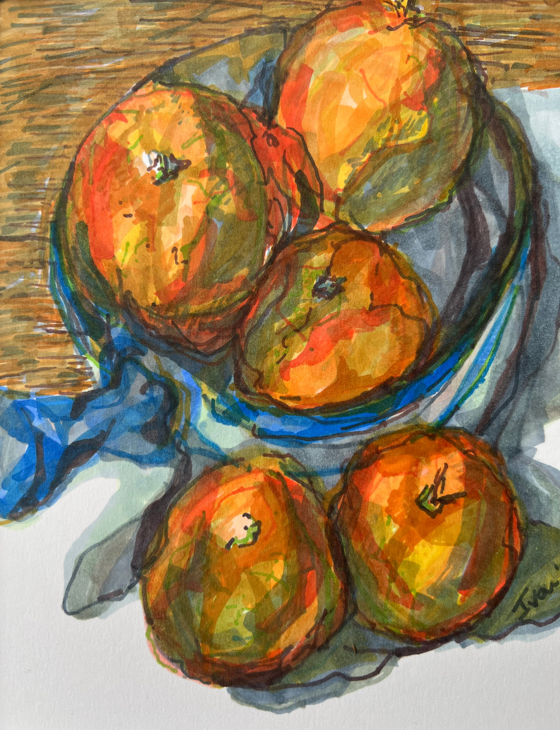Still life painting of Seville oranges in with a wooden surface background small Italian bowl