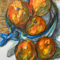 Still life painting of Seville oranges in with a wooden surface background small Italian bowl