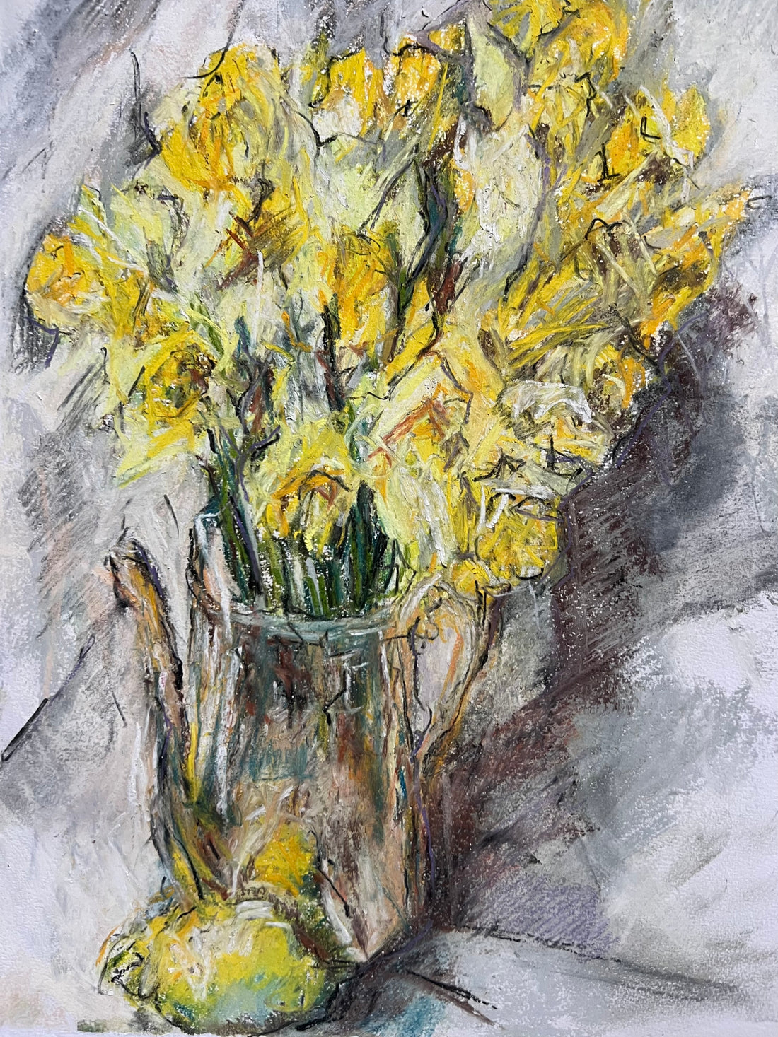 Painting of yellow flowers in a vase on a textured gray background