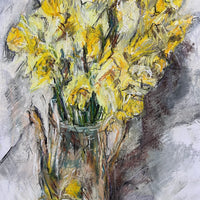 Painting of yellow flowers in a vase on a textured gray background